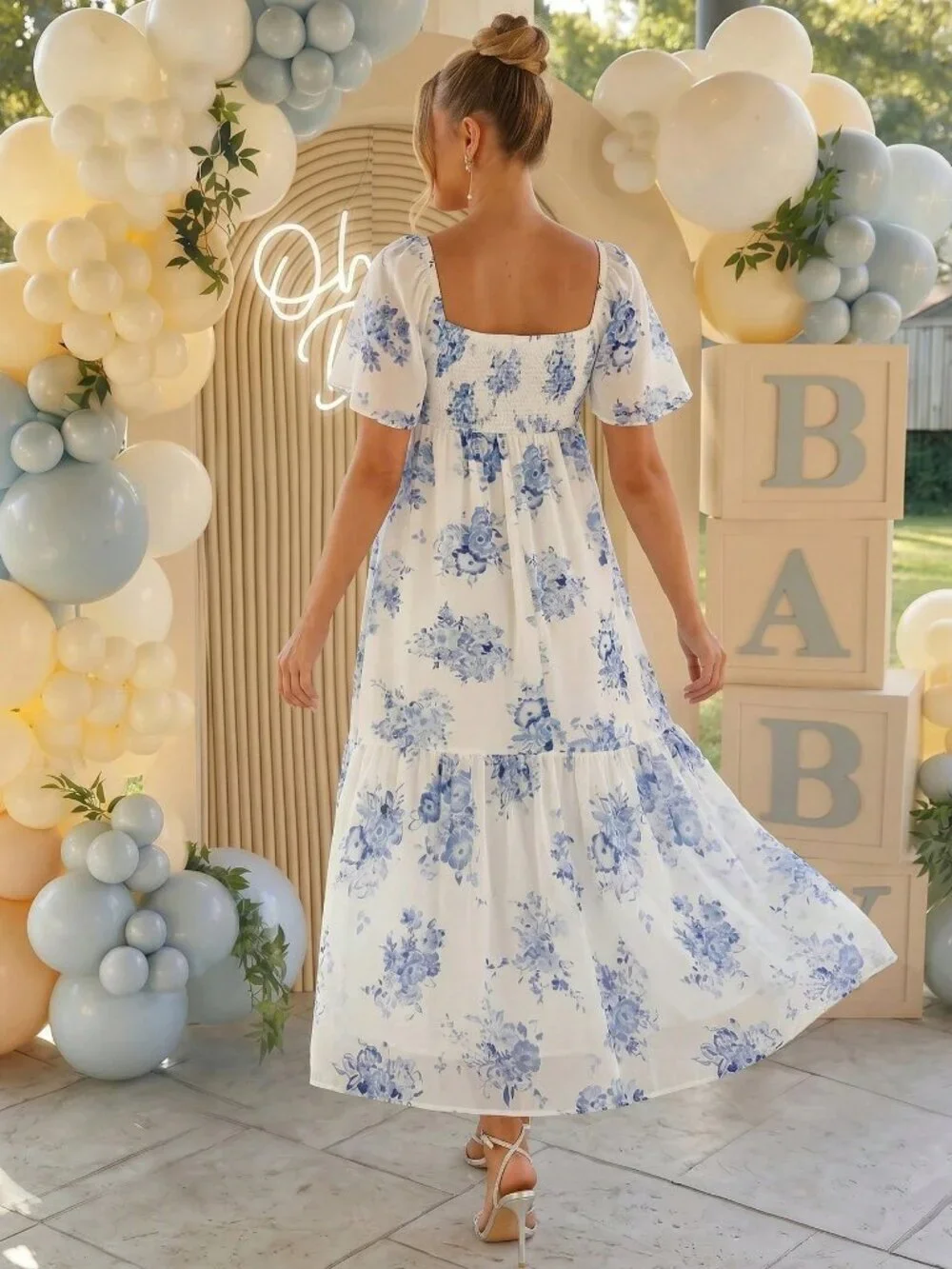 Blue And White Women's Maternity Square Neck Short Sleeve Floral Print Dress